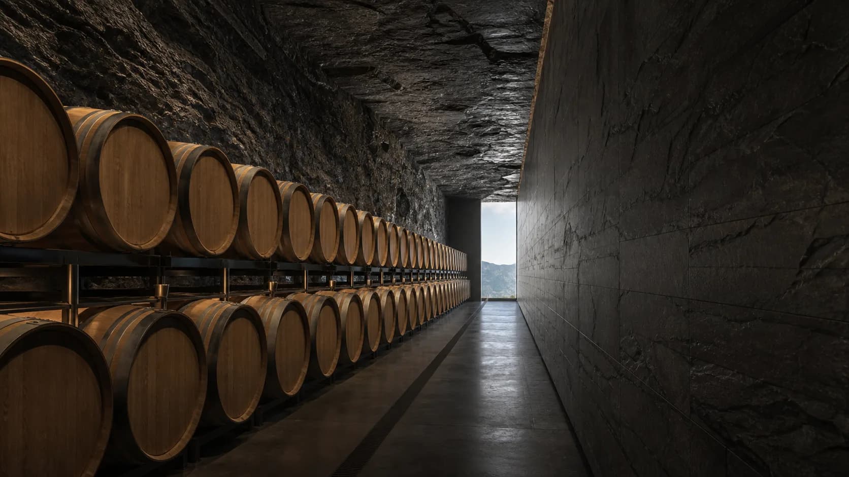Cave en schiste avec fûts de chêne et ouverture vers les Alpes
