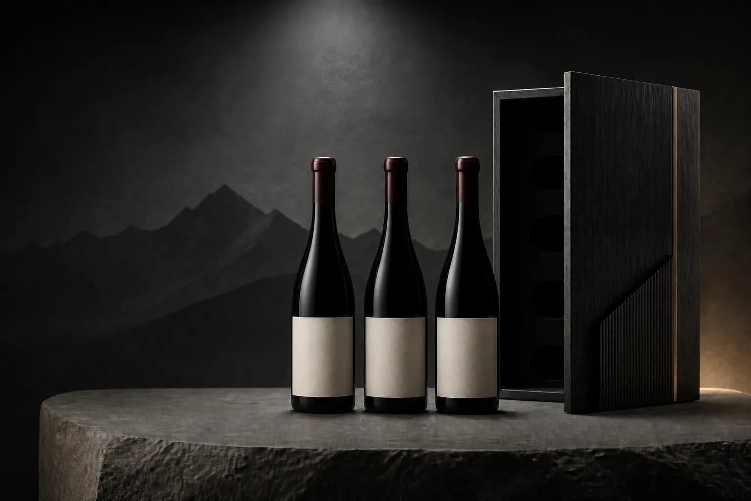 Trois bouteilles Domaine Veyrane près d'un coffret signé en bois noir