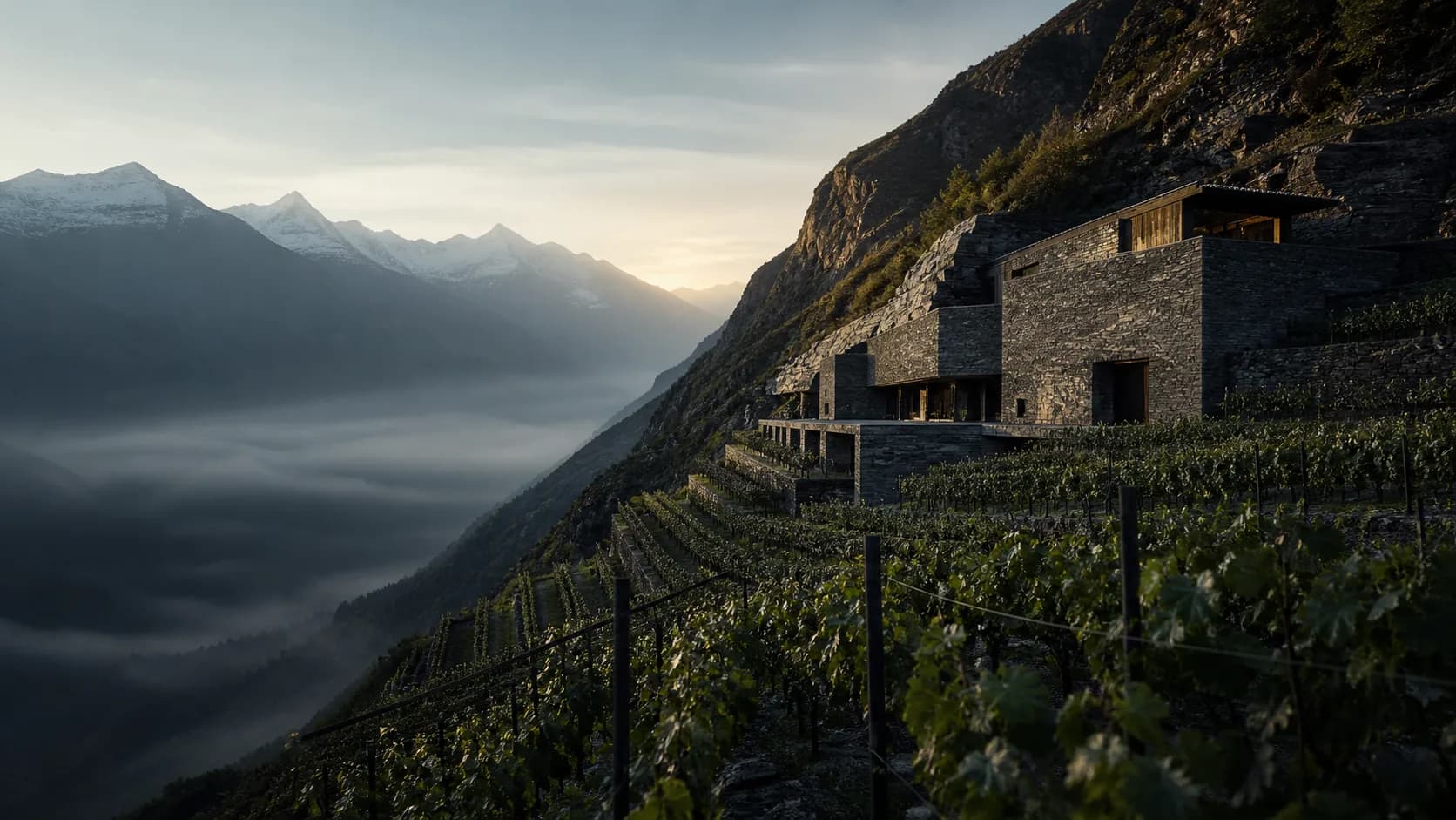 Vignes en terrasses dans le Valais et cave contemporaine en schiste sous les Alpes